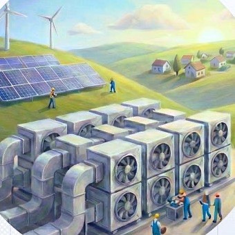 The Carbon Curve podcast artwork: direct air capture fans in a pastoral landscape with wind turbines and solar panels